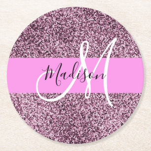 Dessous-de-verre Rond En Papier Nom de monogramme en paillettes rose et violet Gla