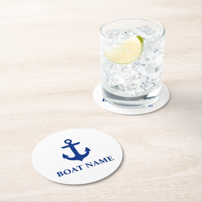 Dessous-de-verre Rond En Papier Nom du bateau nautique Ancre blanc (En situation)