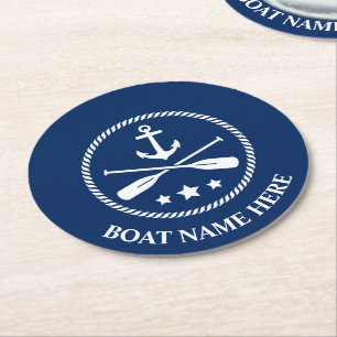 Dessous-de-verre Rond En Papier Nom du bateau ou texte Ancre Oars Navy Blue