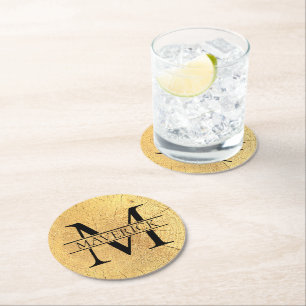 Dessous-de-verre Rond En Papier Nom du monogramme Faux Natural Wood Texture