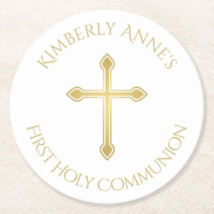 Dessous-de-verre Rond En Papier Nom monogramme de la première communion Faux Cros