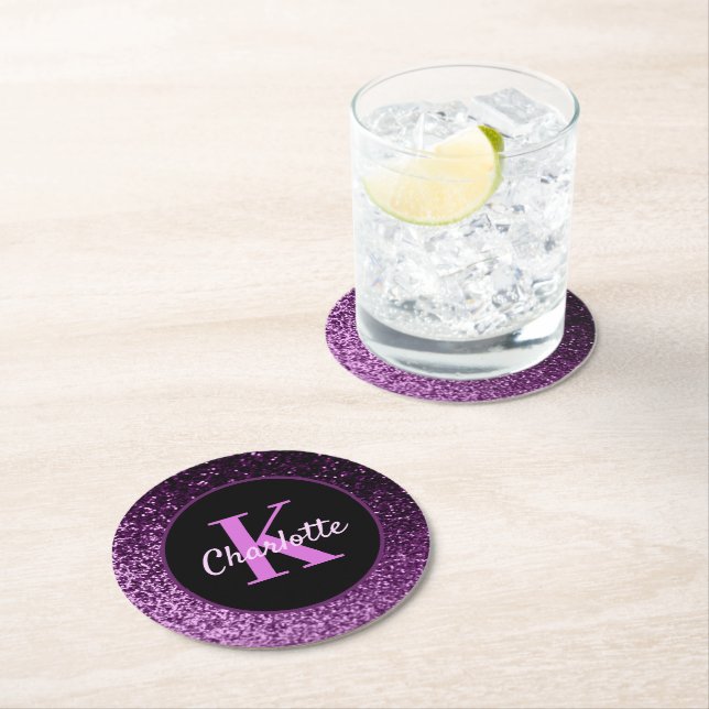 Dessous-de-verre Rond En Papier Nom monogramme pailleté rose violet (En situation)