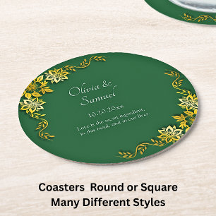 Dessous-de-verre Rond En Papier Noms Date Message Vert Emeraude & Or