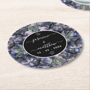 Dessous-de-verre Rond En Papier Noms de Couple de Mariage Floral Noir Classique