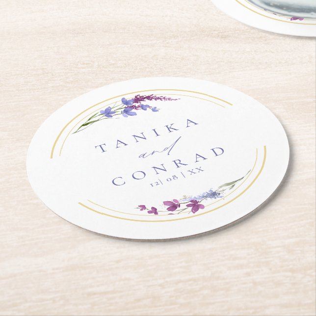 Dessous-de-verre Rond En Papier Noms de l'aquarelle du Mariage fleur sauvage Peri  (Incliné)