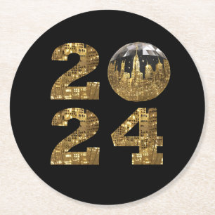 Dessous-de-verre Rond En Papier Nouvel An 2024 Party-Ball-NYC Gold-