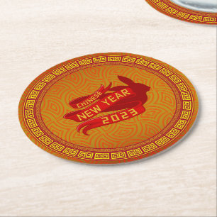 Dessous-de-verre Rond En Papier Nouvel An Chinois 2023 Rabbit Red Gold