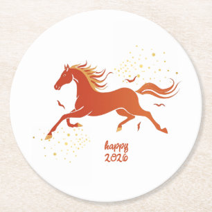 Dessous-de-verre Rond En Papier Nouvel An Chinois 2026 Cheval Encre Fête du Nouvel
