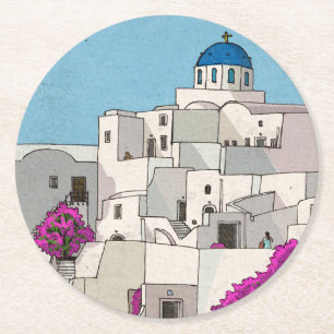 Dessous-de-verre Rond En Papier Oia Santorini Île Grèce Illustration lunaire