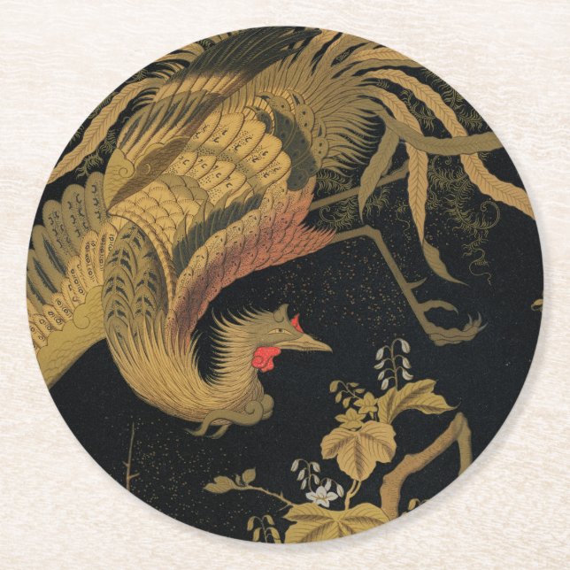 Dessous-de-verre Rond En Papier Oiseau de coq d'or Classique japonais Antique (Devant)