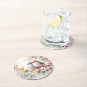 Dessous-de-verre Rond En Papier Oiseaux d'amour printaniers Cerisier Fleur Floral