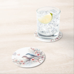 Dessous-de-verre Rond En Papier Oiseaux de l'amour printanier Fleur florale de cer