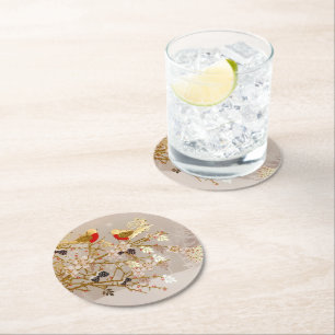 Dessous-de-verre Rond En Papier Oiseaux de neige d'hiver de l'or Noël