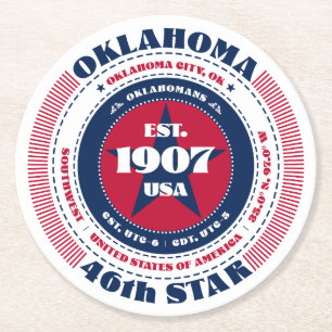 Dessous-de-verre Rond En Papier Oklahoma Rouge Blanc Bleu Typographie