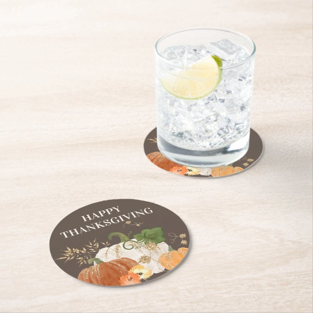 Dessous-de-verre Rond En Papier Orange White Citrouille Gold Parties scintillant T (En situation)