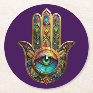 Dessous-de-verre Rond En Papier Orné Hamsa Coloré Or Sur Fond Rouge Troisième Œil 