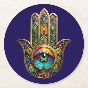 Dessous-de-verre Rond En Papier Orné Hamsa Coloré Or Sur Fond Rouge Troisième Œil