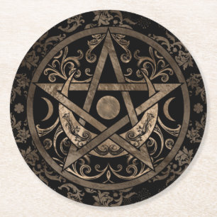 Dessous-de-verre Rond En Papier Ornement du pentagramme - Or et noir