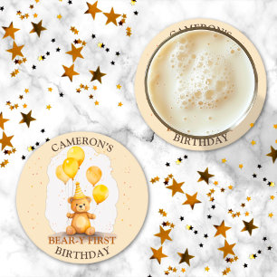 Dessous-de-verre Rond En Papier Ours Premier anniversaire Sexe Ours jaune neutre