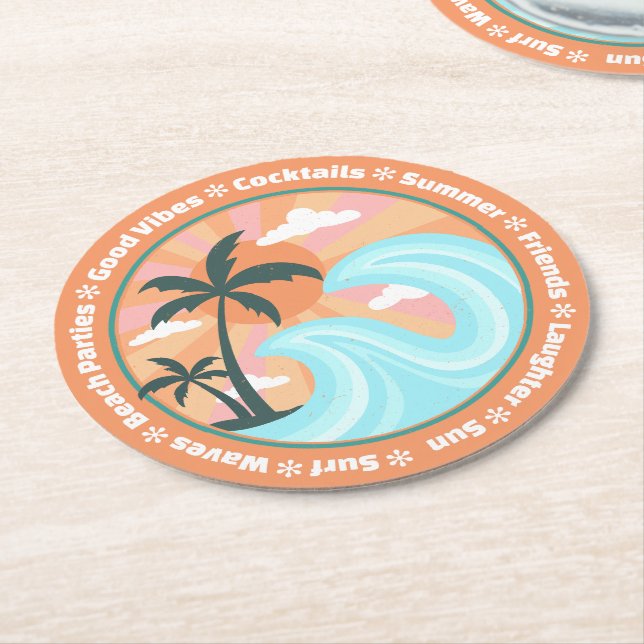 Dessous-de-verre Rond En Papier Palmiers tropicaux Hawaiian Island Good Vibes (Incliné)