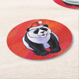 Dessous-de-verre Rond En Papier Panda Ours Noël Rouge