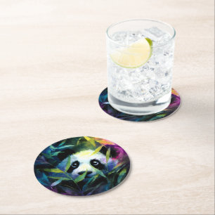 Dessous-de-verre Rond En Papier Panda Peeking Bamboo Aquarelle