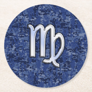 Dessous-de-verre Rond En Papier Panneau Virgo Zodiac sur Camouflage numérique bleu