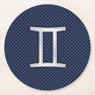 Dessous-de-verre Rond En Papier Panneau Zodiac Gemini Argent Bleu Fibre de carbone