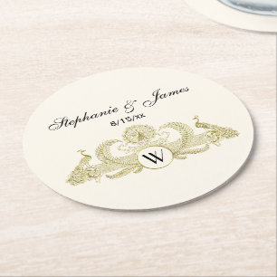 Dessous-de-verre Rond En Papier Paons Vintage Monogramme Ivoire BG Faux Or