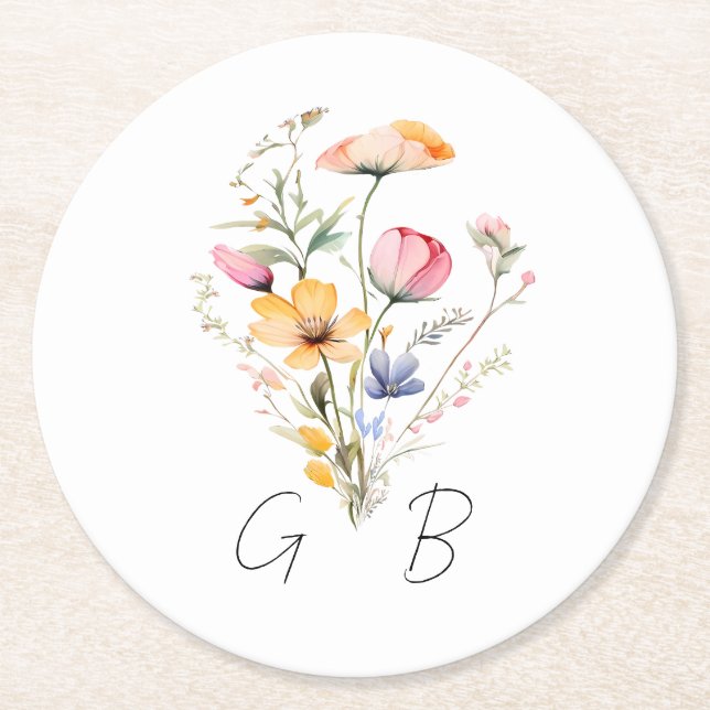 Dessous-de-verre Rond En Papier Papier Peint Fleur de Prairie Monogramme Mariage A (Devant)