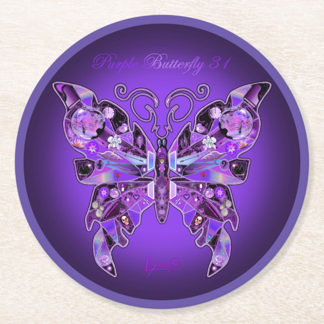 Dessous-de-verre Rond En Papier Papillon Violet 31  (Devant)