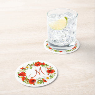 Dessous-de-verre Rond En Papier Papillons rouges Marguerites jaunes blancs Fleur W