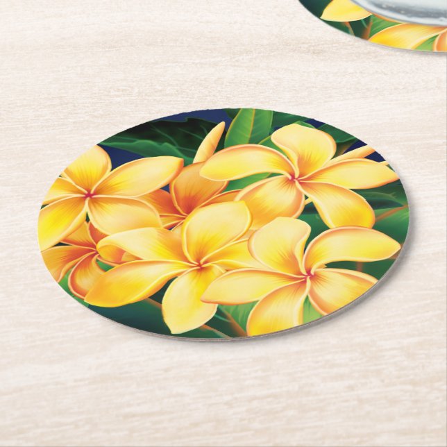 Dessous-de-verre Rond En Papier Paradis tropical Plumeria Hawaiian (Incliné)