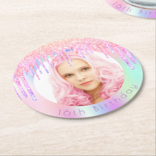 Dessous-de-verre Rond En Papier Parties scintillant arc-en-ciel d'anniversaire gou