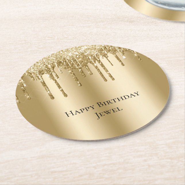 Dessous-de-verre Rond En Papier Parties scintillant Glitzy Gold Sparkle Drithday (Incliné)