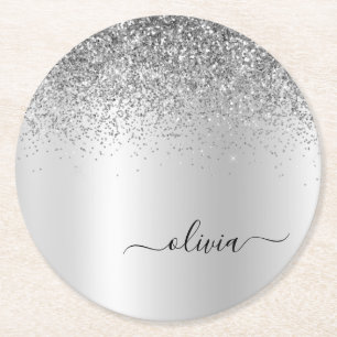 Dessous-de-verre Rond En Papier Parties scintillant Monogramme Argent Sparkle Girl