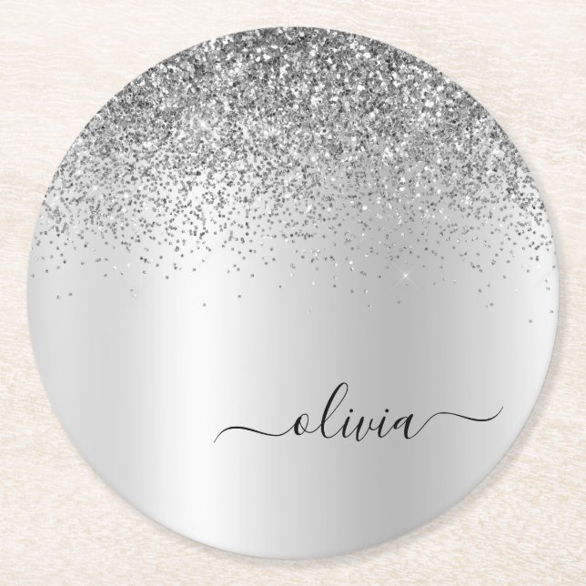 Dessous-de-verre Rond En Papier Parties scintillant Monogramme Argent Sparkle Girl (Devant)