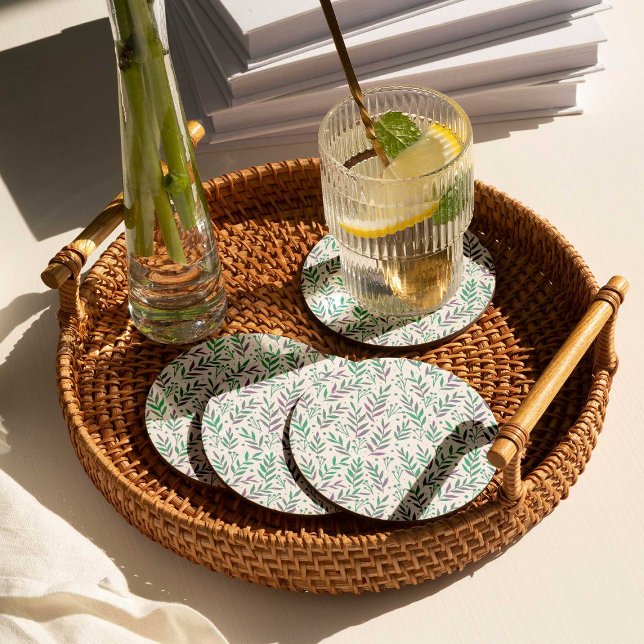 Dessous-de-verre Rond En Papier Pastel aquarelle branches pourpre et vert (Créateur téléchargé)