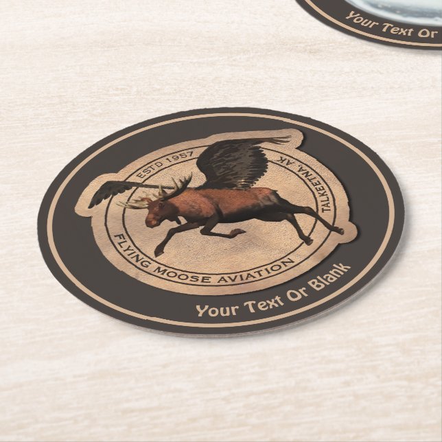 Dessous-de-verre Rond En Papier Patch Flying Moose Aviation (Incliné)