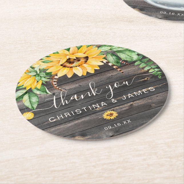 Dessous-de-verre Rond En Papier Pays rustique Merci tournesol mariage Faveur (Incliné)