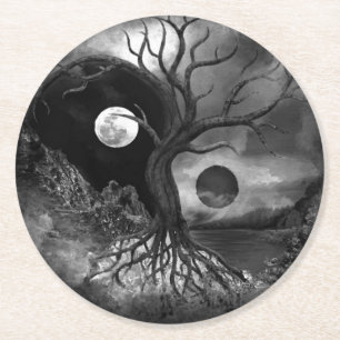 Dessous-de-verre Rond En Papier Paysage de Yin Yang Tree noir et blanc