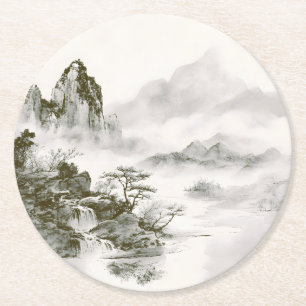 Dessous-de-verre Rond En Papier Paysage minimaliste de montagne Zen à l'encre brum