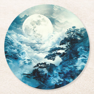 Dessous-de-verre Rond En Papier Paysage mystique de montagne au clair de lune