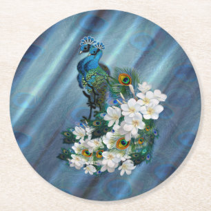 Dessous-de-verre Rond En Papier Peacocks bleu-vert métallique sur soie vert émerau