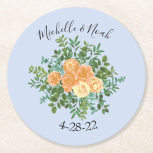 Dessous-de-verre Rond En Papier Pêcher bleu clair Mariage Roses Floral
