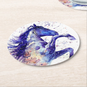 Dessous-de-verre Rond En Papier Peinture à l'aquarelle éclaboussée de cheval artis