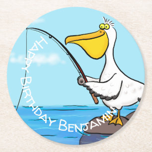 Dessous-de-verre Rond En Papier Pélican de dessin animé drôle de pêche