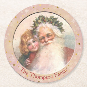 Dessous-de-verre Rond En Papier Père Noël à l'ancienne et petite fille