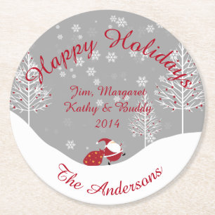 Dessous-de-verre Rond En Papier Père Noël Arbres blancs Ornements rouges Dessous d