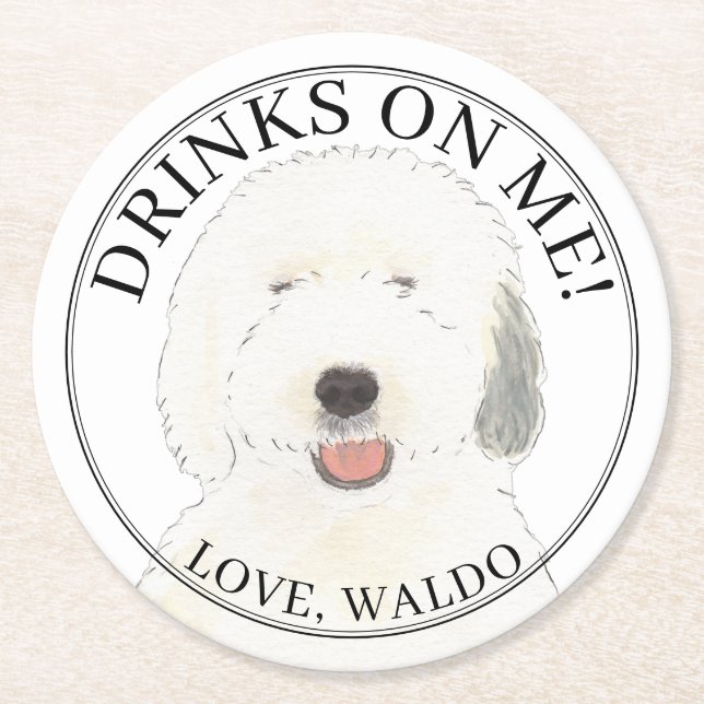 Dessous-de-verre Rond En Papier Personalisé Vieux Anglais Cheepdog Chien Mariage (Devant)